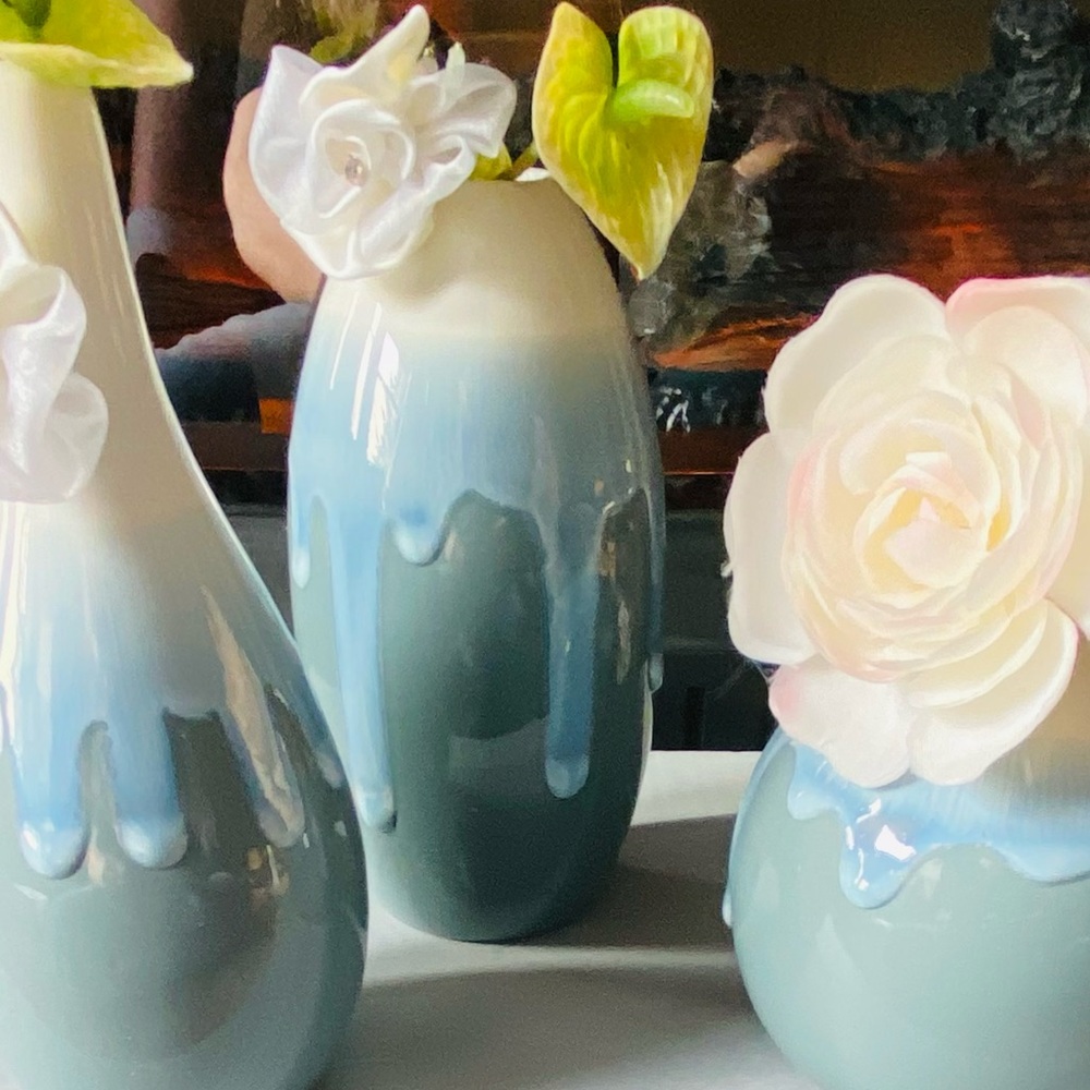 NWT Beautiful 3 Piece Contemporary Glazed Drip Pottery Set-Moss Light Green/Blue - Picture 4 of 16